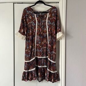 Matilda‎ Jane Floral Print Dress Lace Trim Boho Cottagecore Brown Size S